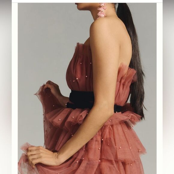 Anthropologie x Maeve Tiered Strapless Pearl Embellished Tulle Mini Dress - Picture 4 of 8